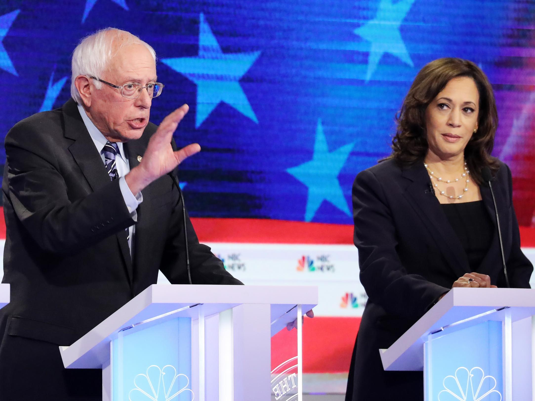 Democratic presidential hopefuls stepped in to denounce Donald Trump Jr's retweet of a comment about Kamala Harris' race