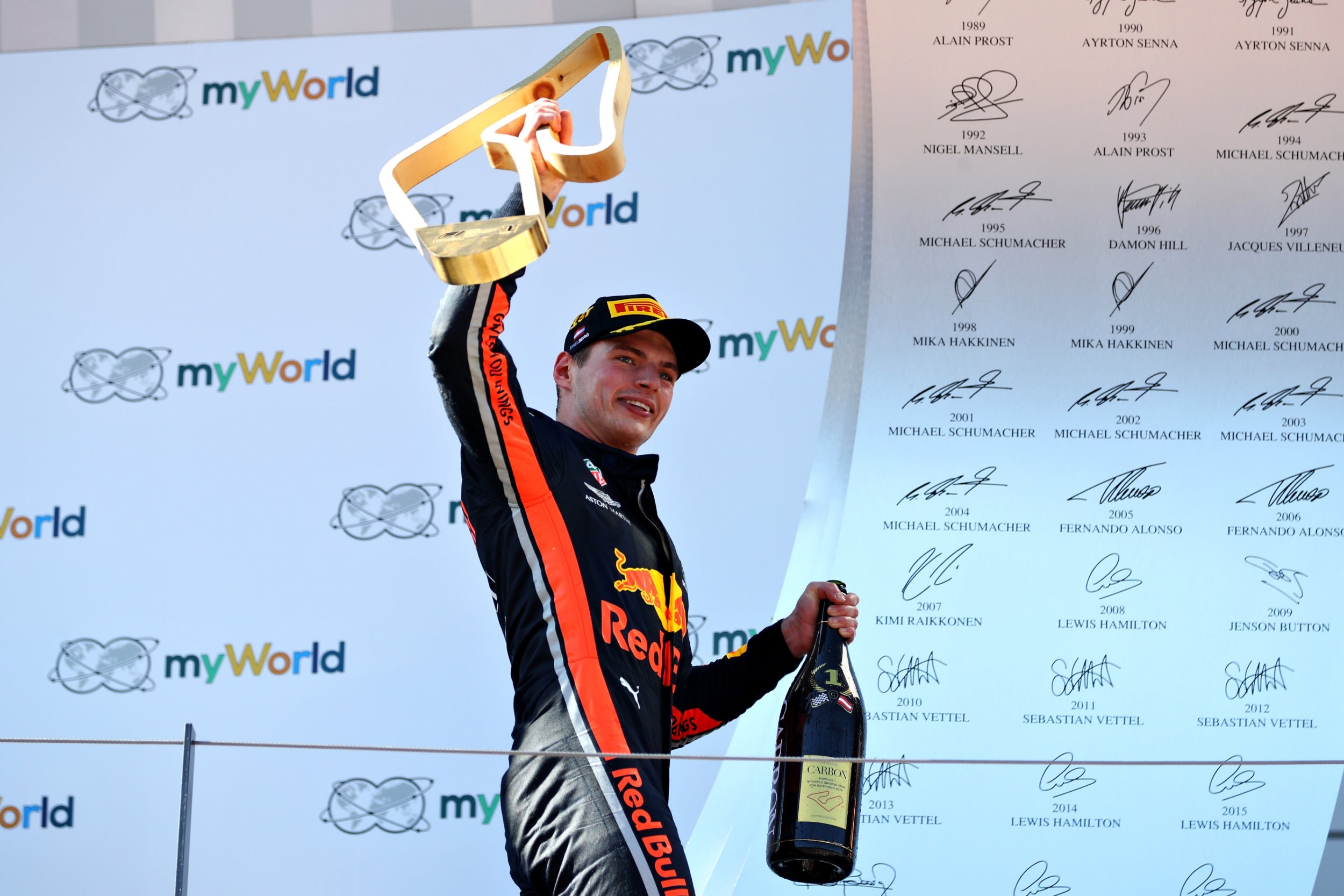 Max Verstappen celebrates after winning the Austrian Grand Prix (Getty)