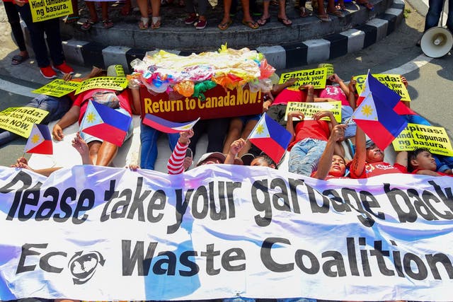 Environmental activists protested outside the Canadian embassy in Manila last month to push Canada to speed up the removal of the rubbish
