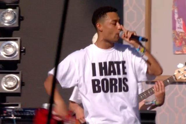 Loyle Carner wears an 'I Hate Boris' shirt during his Glastonbury set