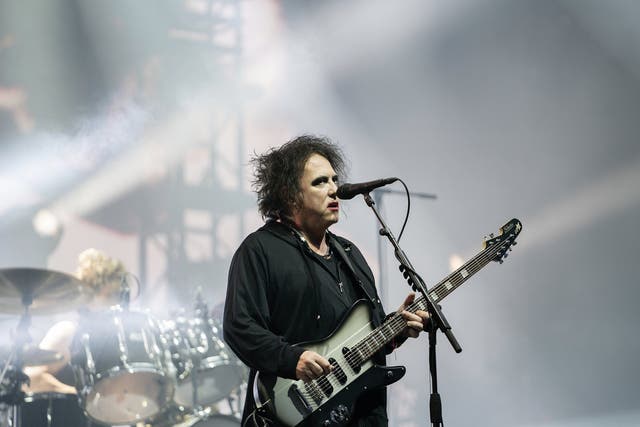 Robert Smith of The Cure performs on the Pyramid Stage at Glastonbury Festival