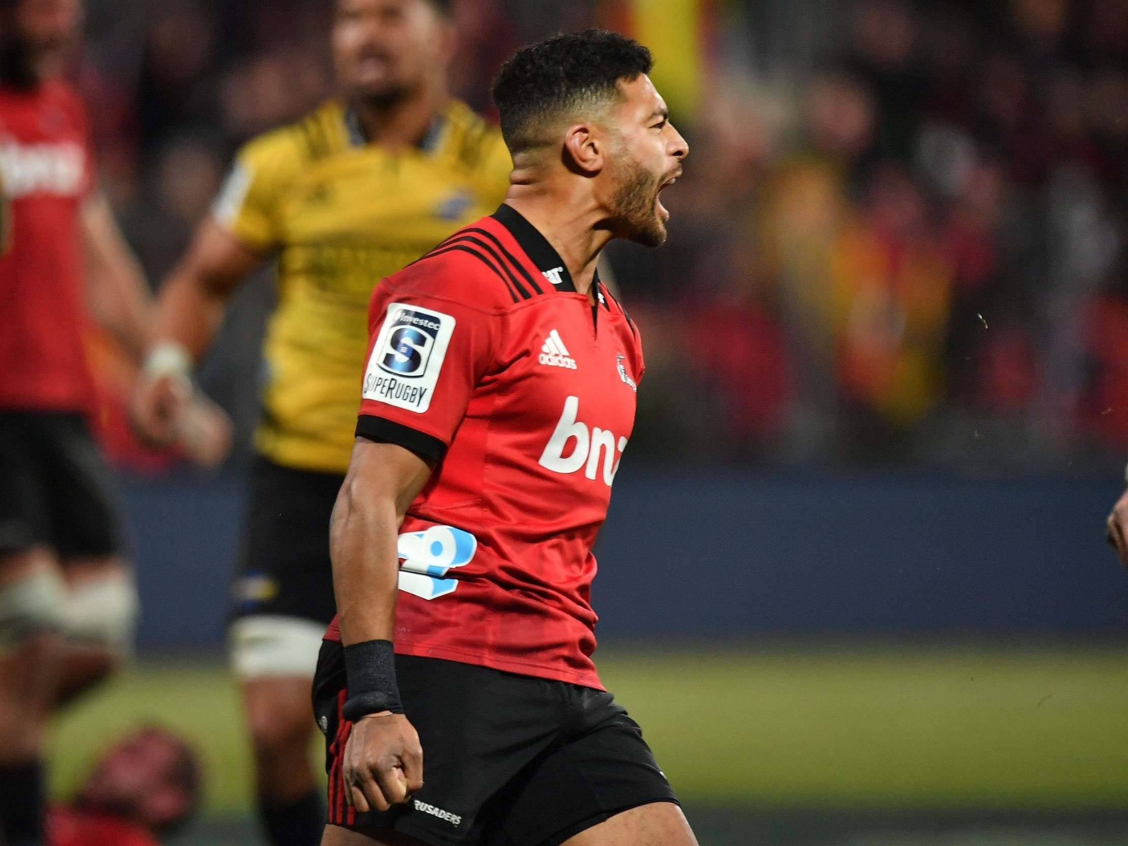 Richie Mo’unga celebrates scoring for the Canterbury Crusaders