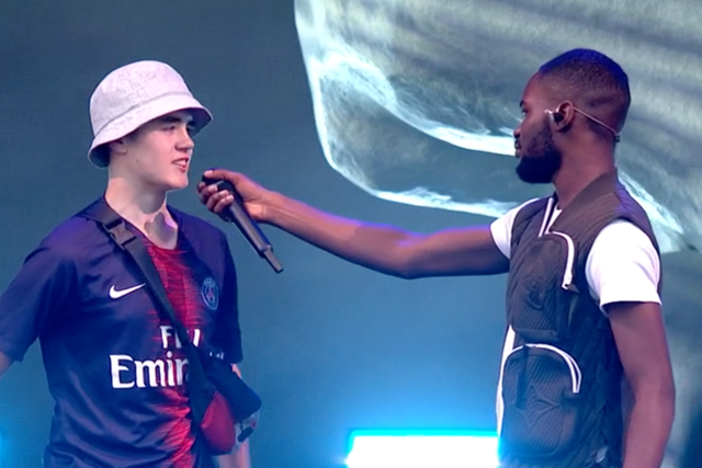 Rapper Dave (right) with fan Alex on the Other Stage at Glastonbury