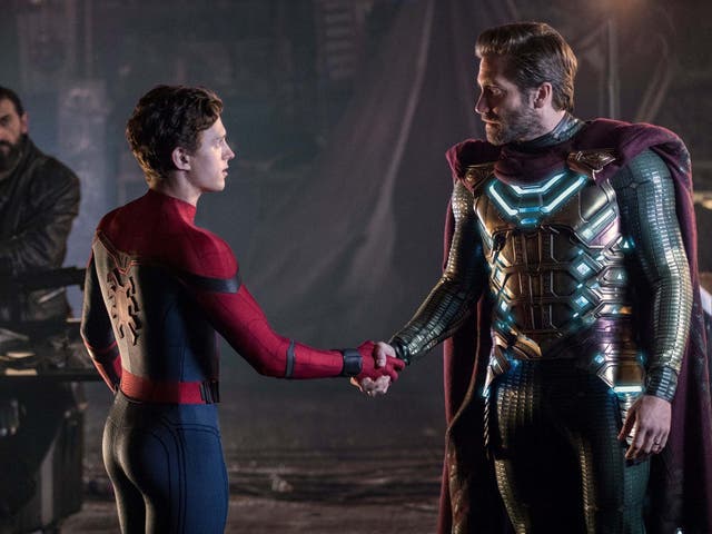 Tom Holland as Peter Parker and Jake Gyllenhaal as Mysterio in ‘Spider-Man: Far From Home’