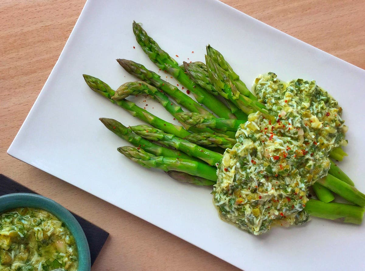 How to make steamed asparagus with herb and pickle mayonnaise The