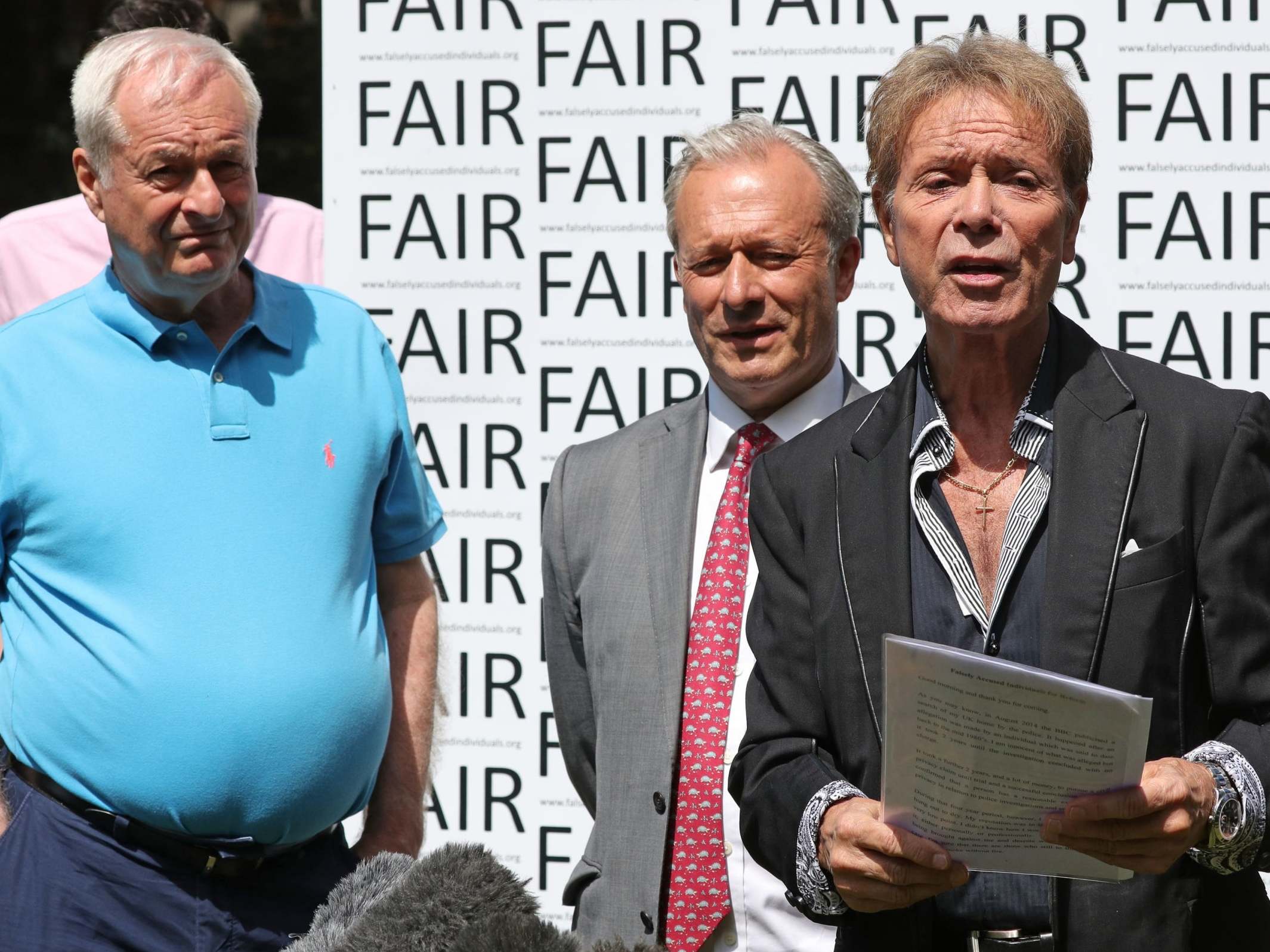 Paul Gambaccini, Daniel Janner and Sir Cliff Richard at an event in Westminster, London, to launch a campaign for a ban on naming sexual crime suspects unless they are charged