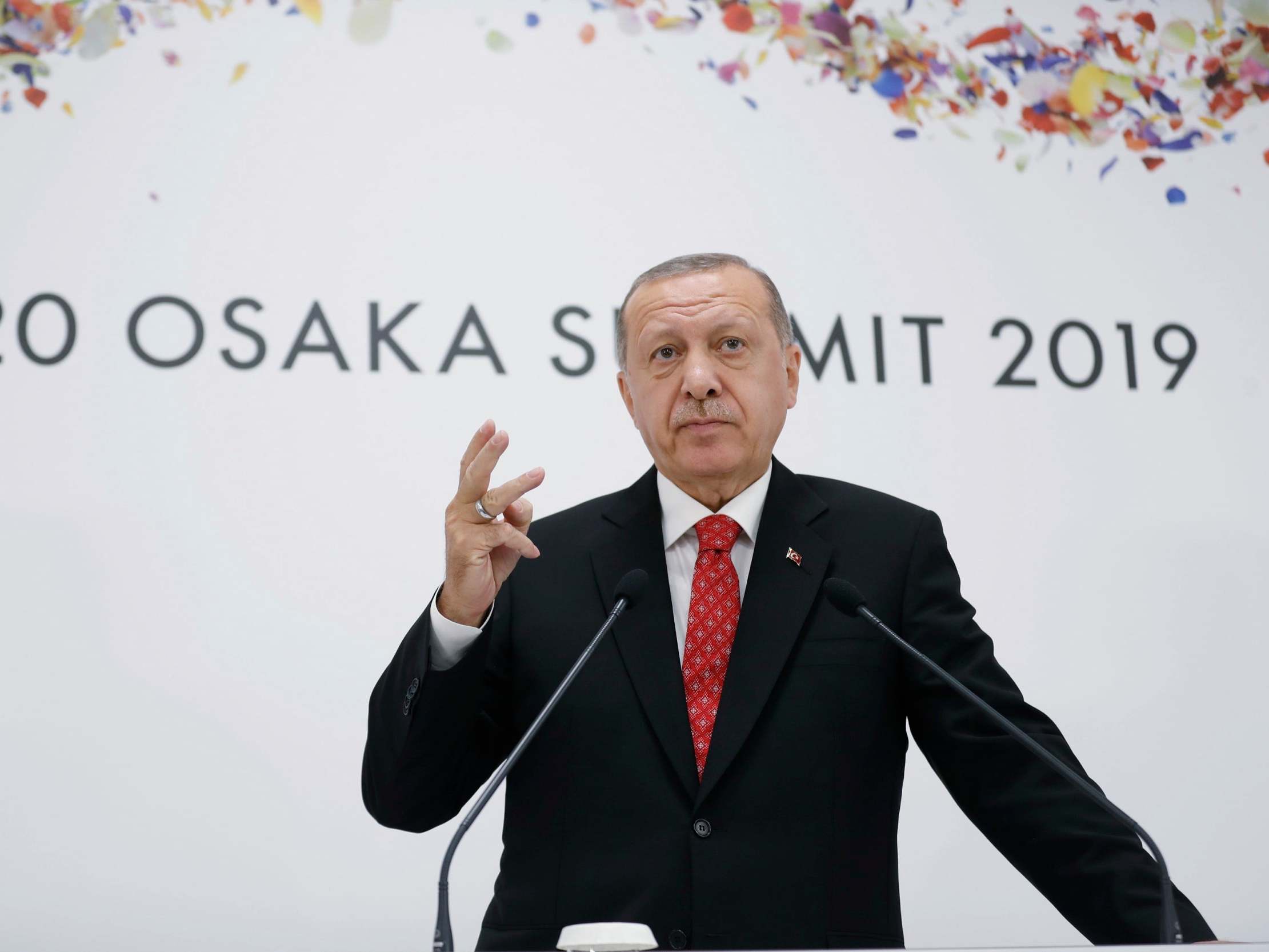 Recep Tayyip Erdogan, the president of Turkey, speaking at the G20 summit in Osaka