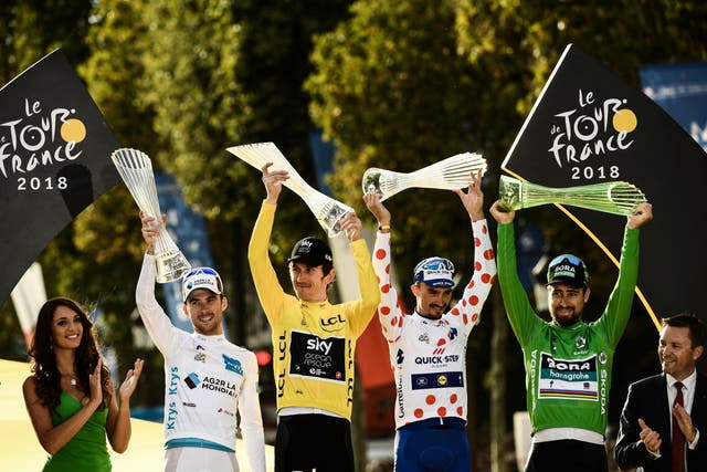 The 2018 Tour de France jersey winners celebrate in Paris
