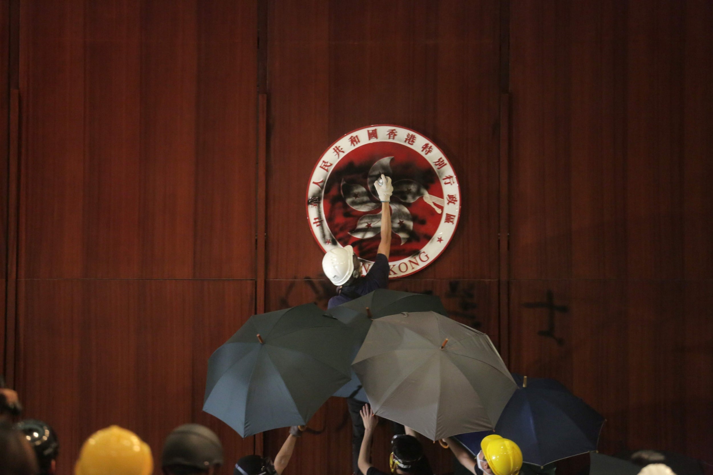 A protester defaces the Hong Kong emblem after protesters broke into the government headquarters in Hong Kong