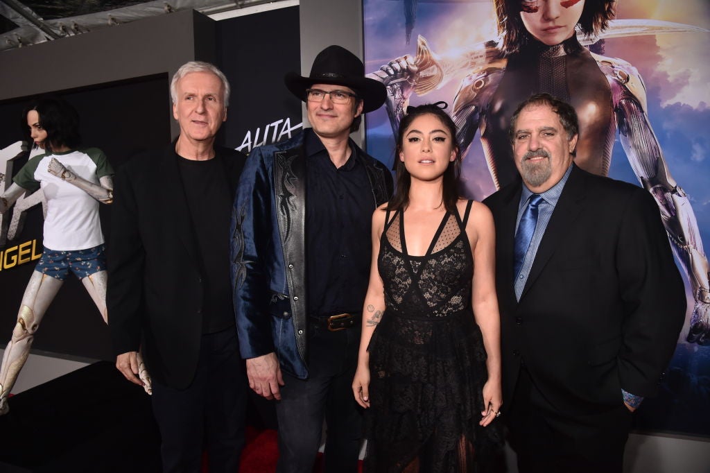 James Cameron, Robert Rodriguez, Rosa Salazar and producer Jon Landau at the LA premiere of Alita: Battle Angel in February