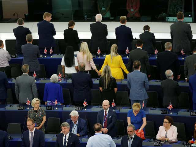 Members of the Brexit Party turn their back to the assembly as the European anthem is played
