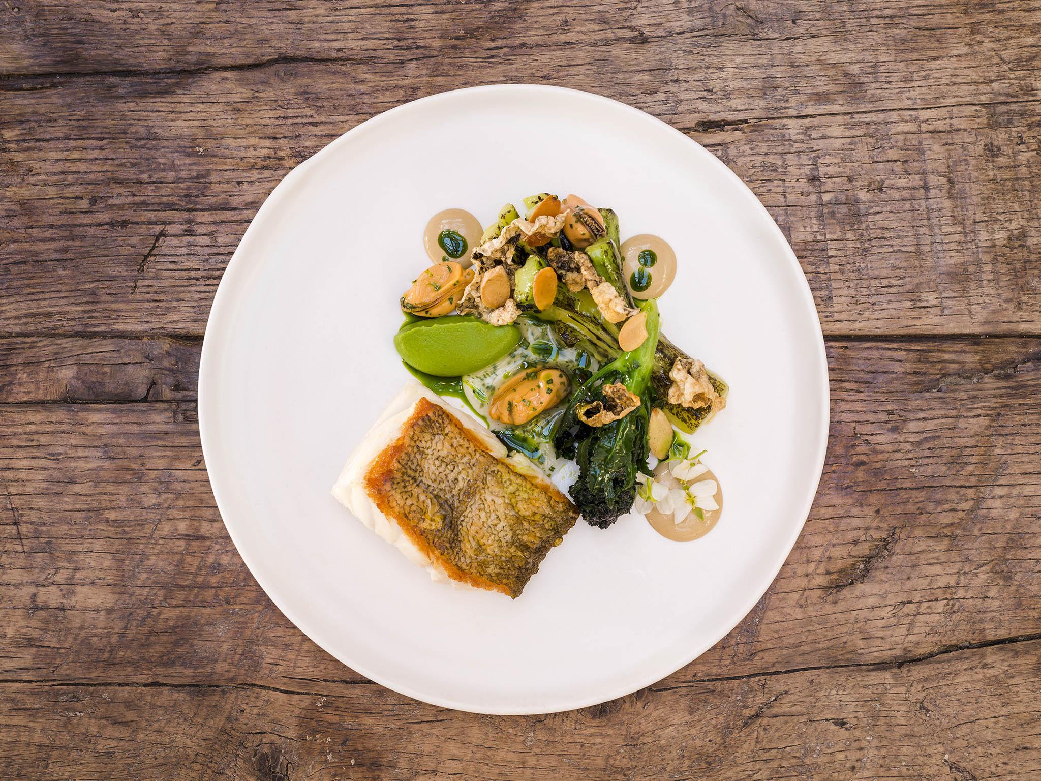 On the restaurant menu are dishes like this: cod with smoked mussles and purple sprouting broccoli