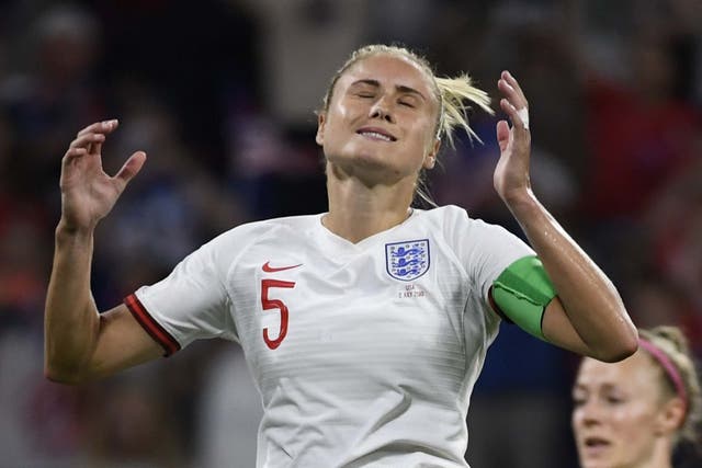 England's Steph Houghton reacts after missing a penalty