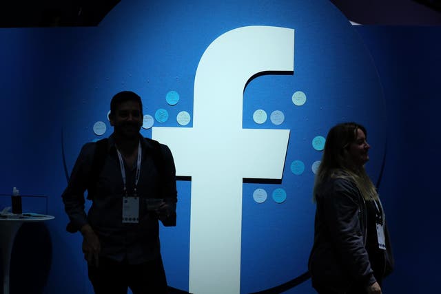The Facebook logo is displayed during the F8 Facebook Developers conference on April 30, 2019 in San Jose, California