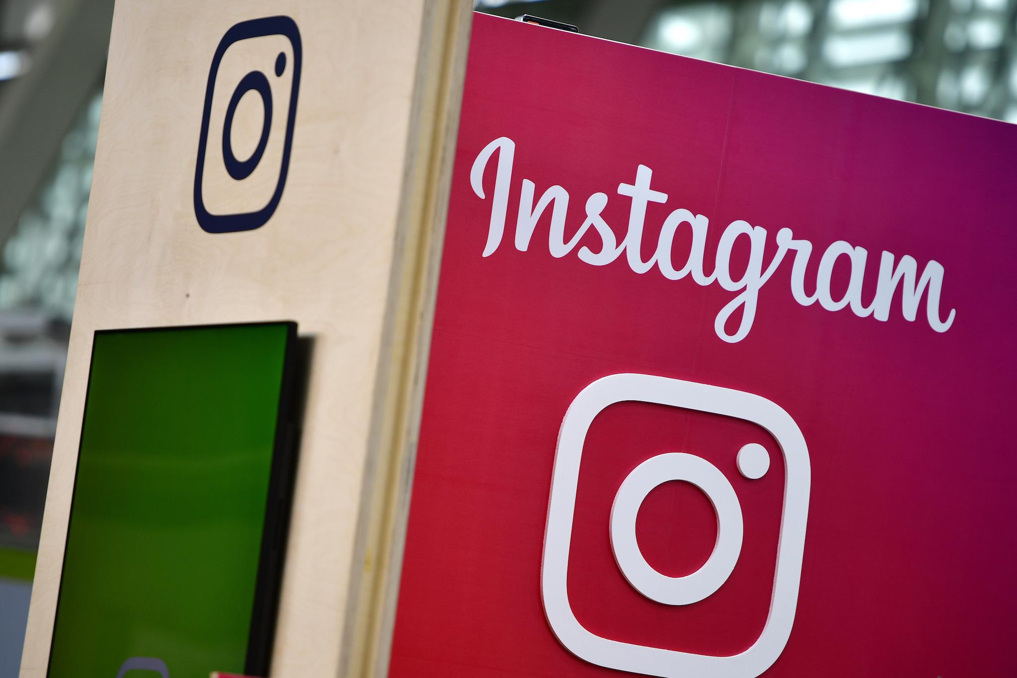 The Instagram logo is displayed at the 2018 CeBIT technology trade fair on June 12, 2018 in Hanover, Germany