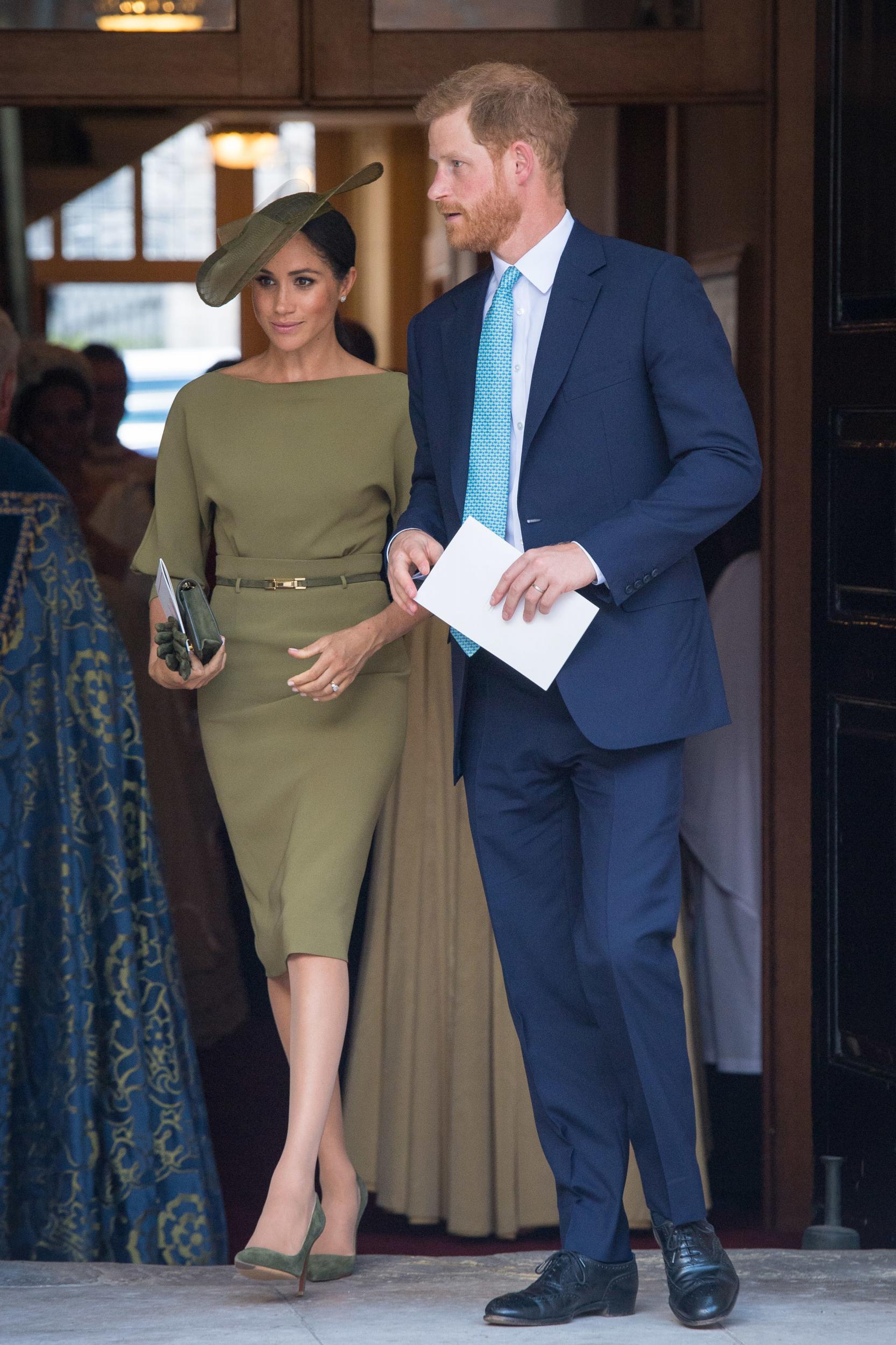 For their nephew’s christening, the Duchess of Sussex wore a belted olive-coloured Ralph Lauren dress, styled with a Stephen Jones hat of the same colour. The looked was teamed with a pair of matching coloured pumps, gloves, and a clutch bag. Meanwhile, the Duke of Sussex wore a navy suit, white shirt, and light blue tie.