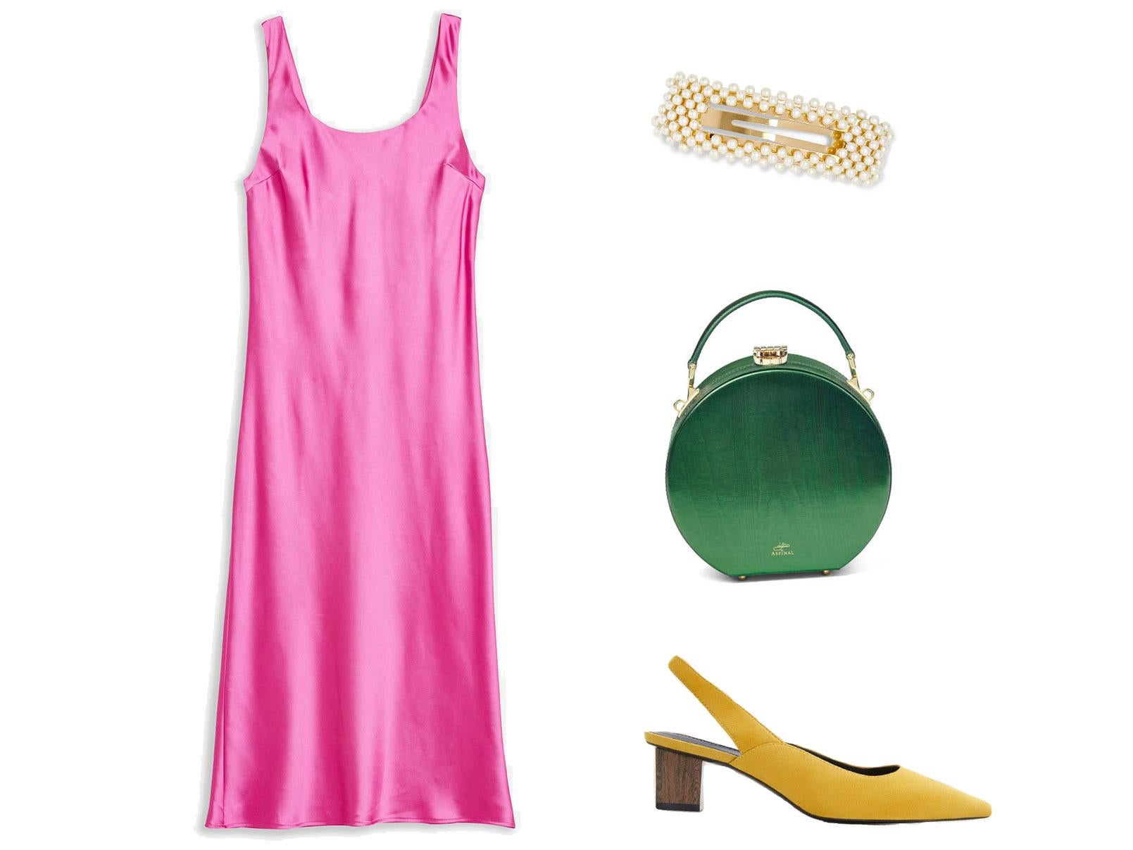 Pink Built Up Slip Dress, £35, Topshop; Jennifer Behr, Valerie gold-tone faux pearl hair clip, £51, Net-a-Porter; Giles x Aspinal Mini Hat Box, £275, Aspinal of London; Heel Leather Shoes, £49.99, Mango