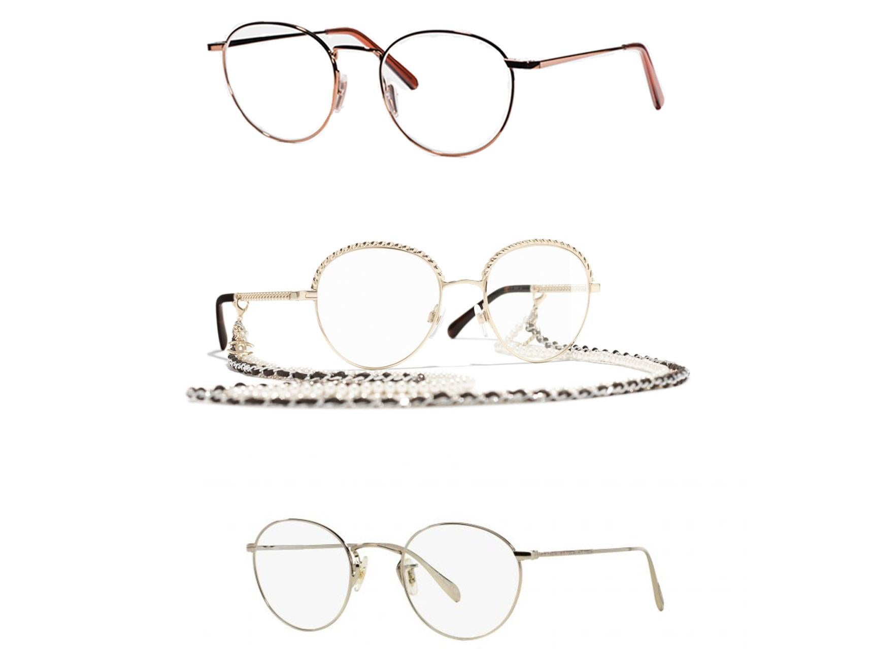 Neil Large, £98, Ace &amp; Tate; Pantos Eyeglasses, £243, Chanel; Oliver Peoples, Coleridge Glasses, £177, Fashion Eyewear