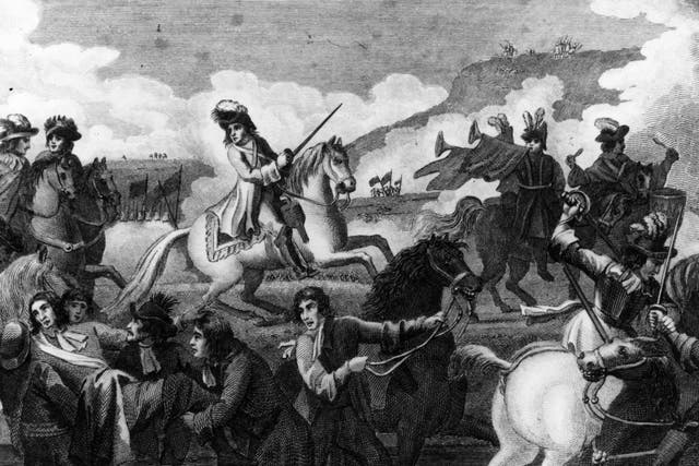 William of Orange claiming the throne of England by defeating James II at the Battle of the Boyne who fled to France on 1 July 1690