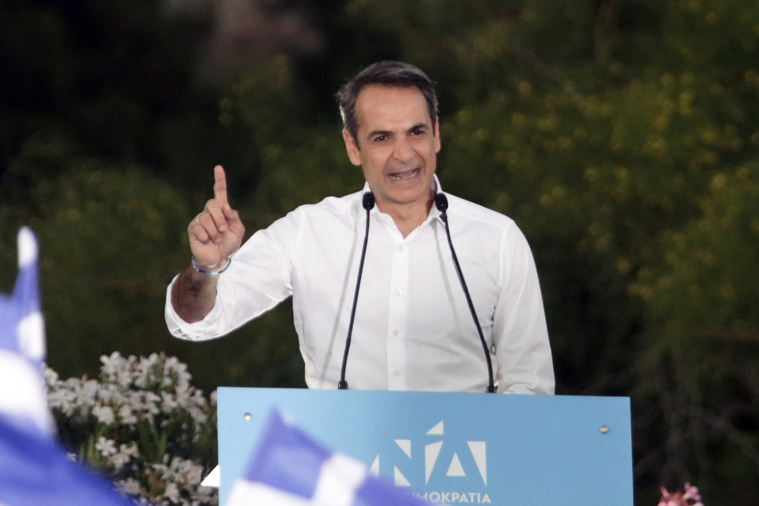 President of New Democracy and Leader of the Opposition Kyriakos Mitsotakis speaks during his main election campaign rally