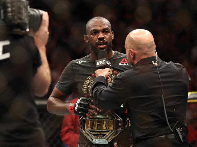 Jon Jones after successfully defending his title against Thiago Santos in 2019