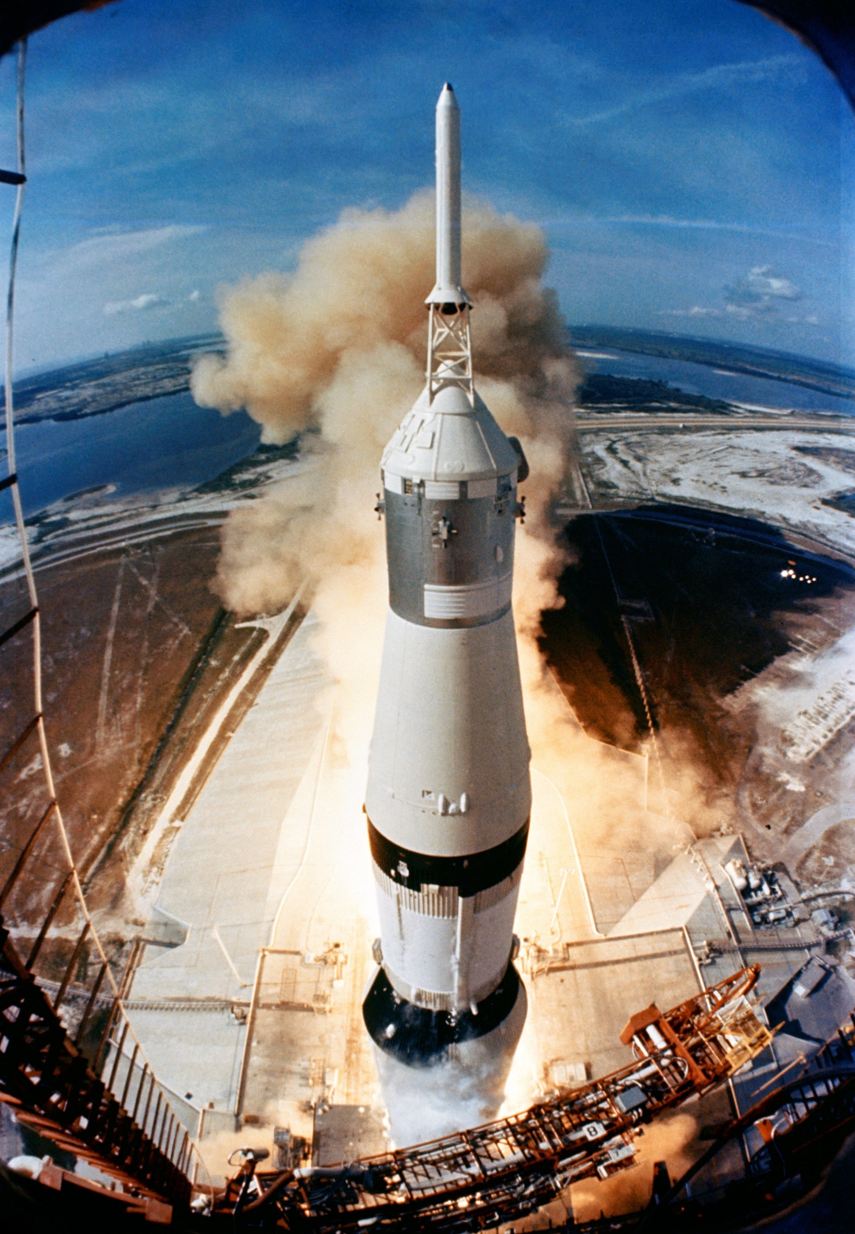 The Saturn V rocket carries the Apollo 11 into space on 16 July 1969.