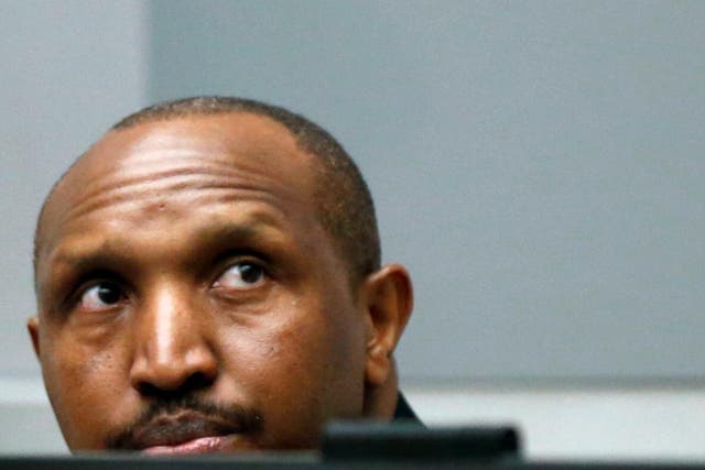 Bosco Ntaganda sits in the ICC’s courtroom earlier today