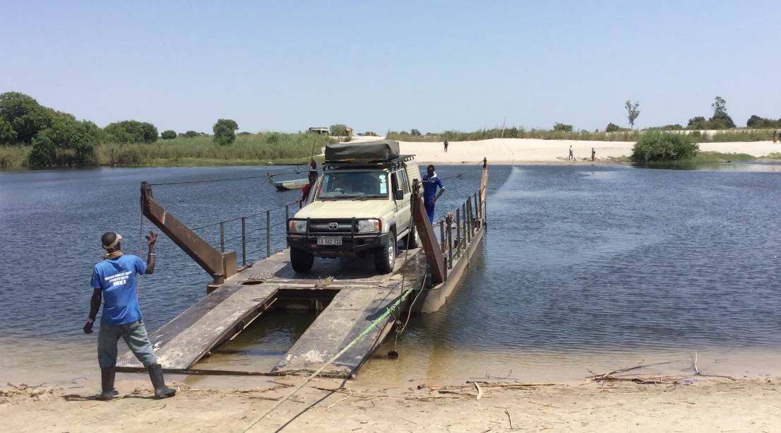 Our car was hauled across the Zambezi on a floating platform