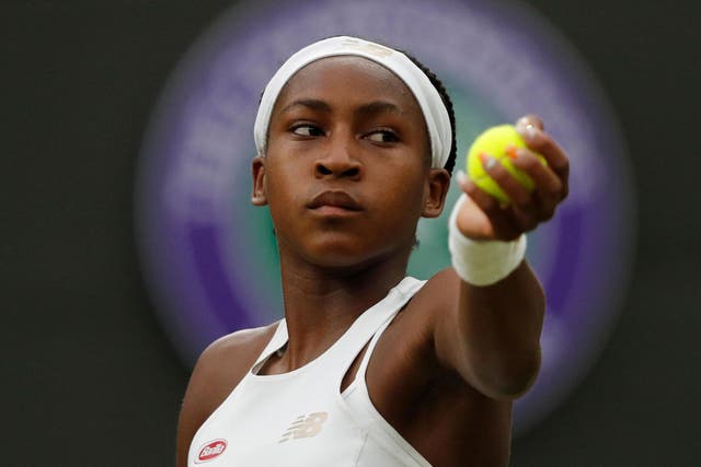 US player Cori Gauff serves against Slovakia's Magdalena Rybarikova during their women's singles second round match on the third day of the 2019 Wimbledon Championships at The All England Lawn Tennis Club in Wimbledon, southwest London, on July 3, 2019.