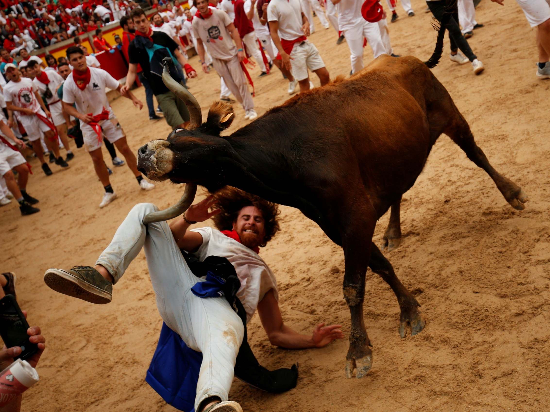 A bull hits a reveller after being taunted in the bullring at the San Fermin festival