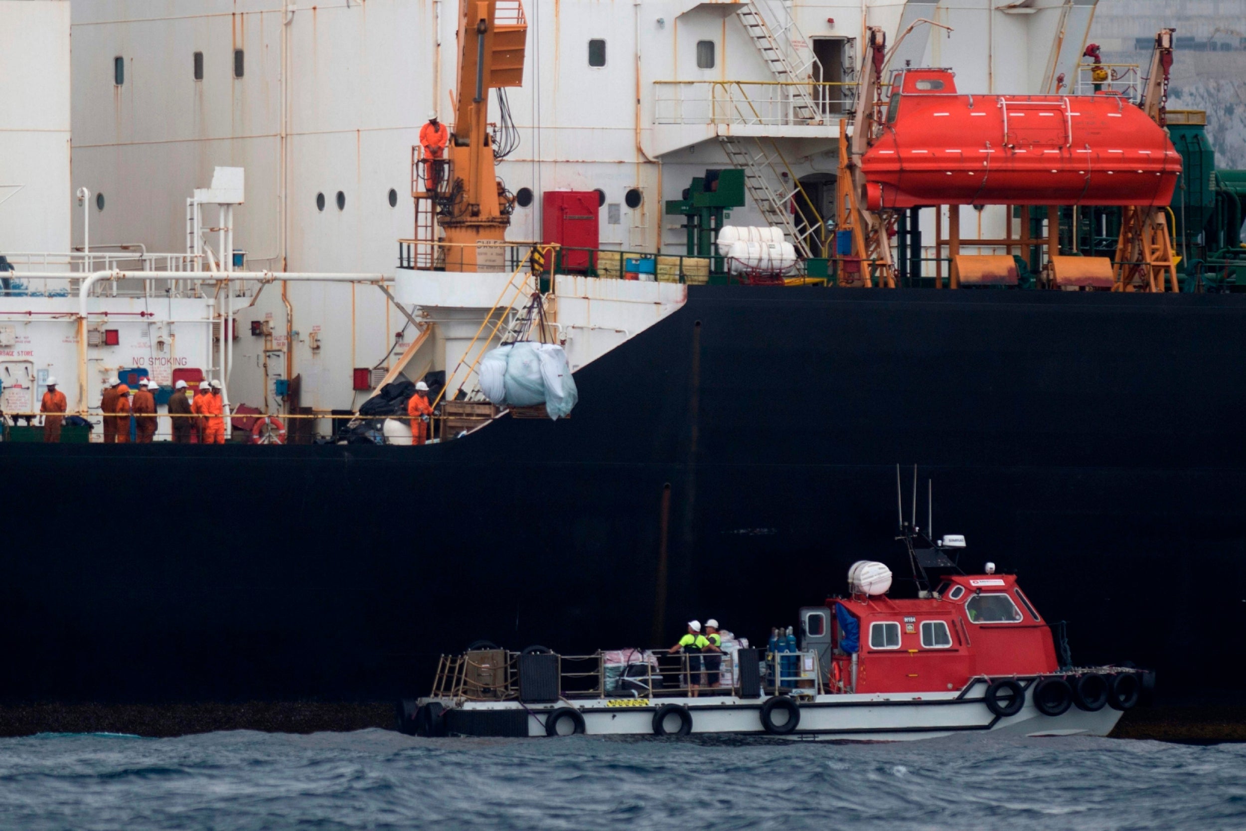 A ship approaches supertanker Grace 1 off the coast of Gibraltar on 6 July