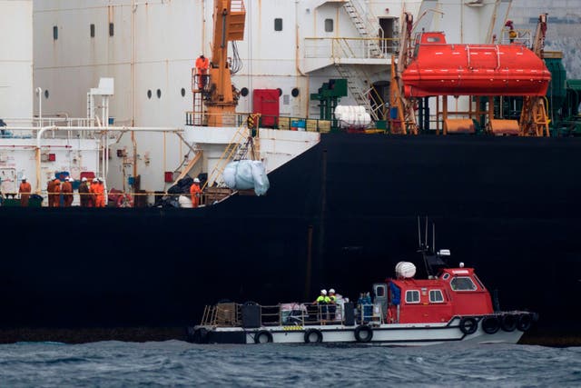 A ship approaches supertanker Grace 1 off the coast of Gibraltar on 6 July