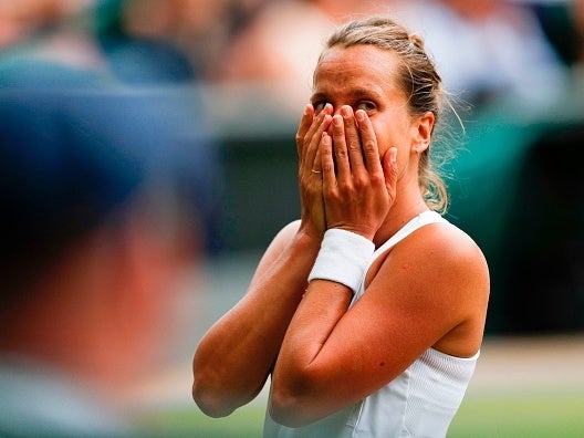 Barbora Strycova reacts to her victory