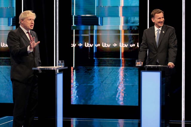 Conservative party leadership candidates Boris Johnson and Jeremy Hunt during a live debate hosted by ITV at  MediaCityUK, in Salford.