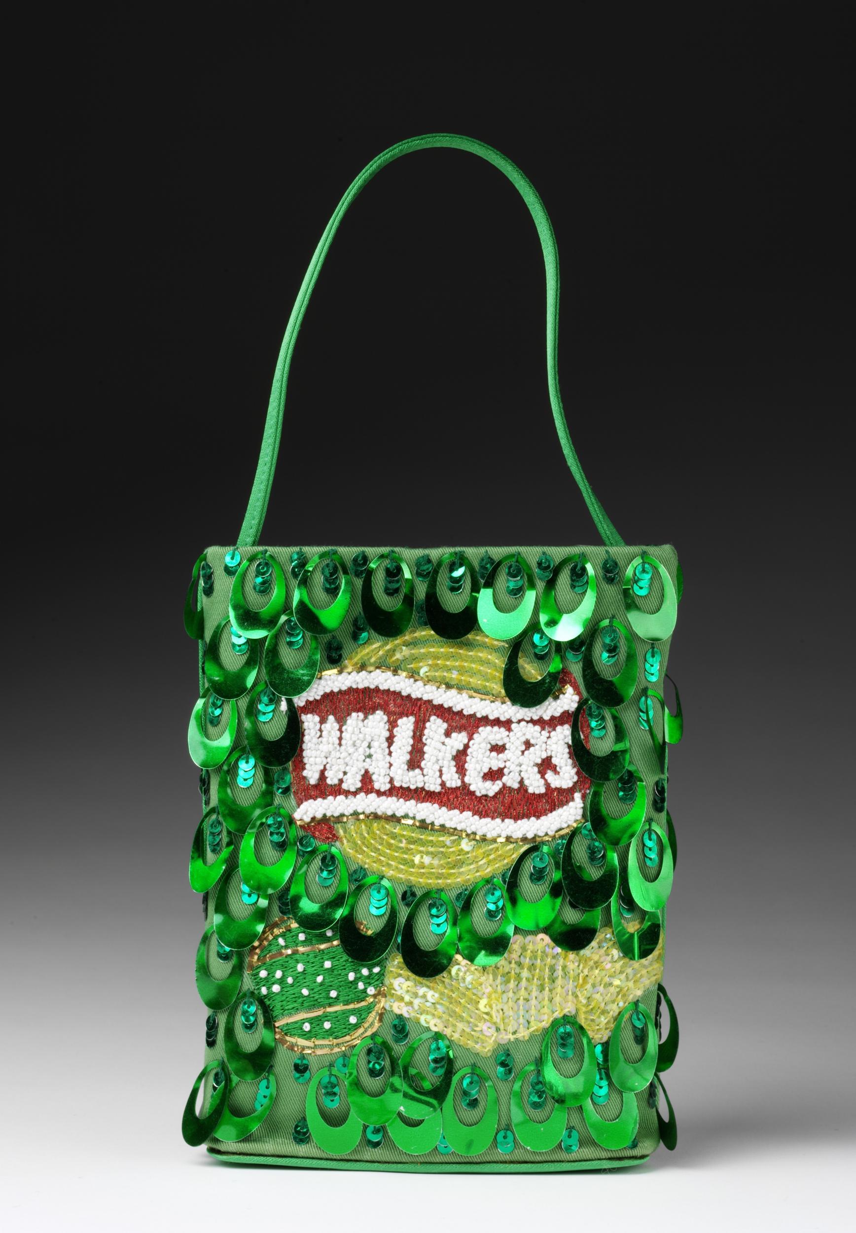 Anya Hindmarch's 'Walker Crisps' sequin and bead embroidered bag, London 2000