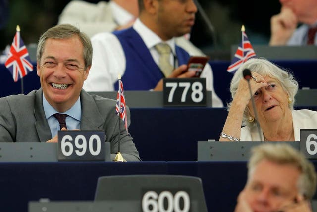 Brexit Party leader Nigel Farage and Brexit Party member Ann Widdecombe attend a debate on the last European summit