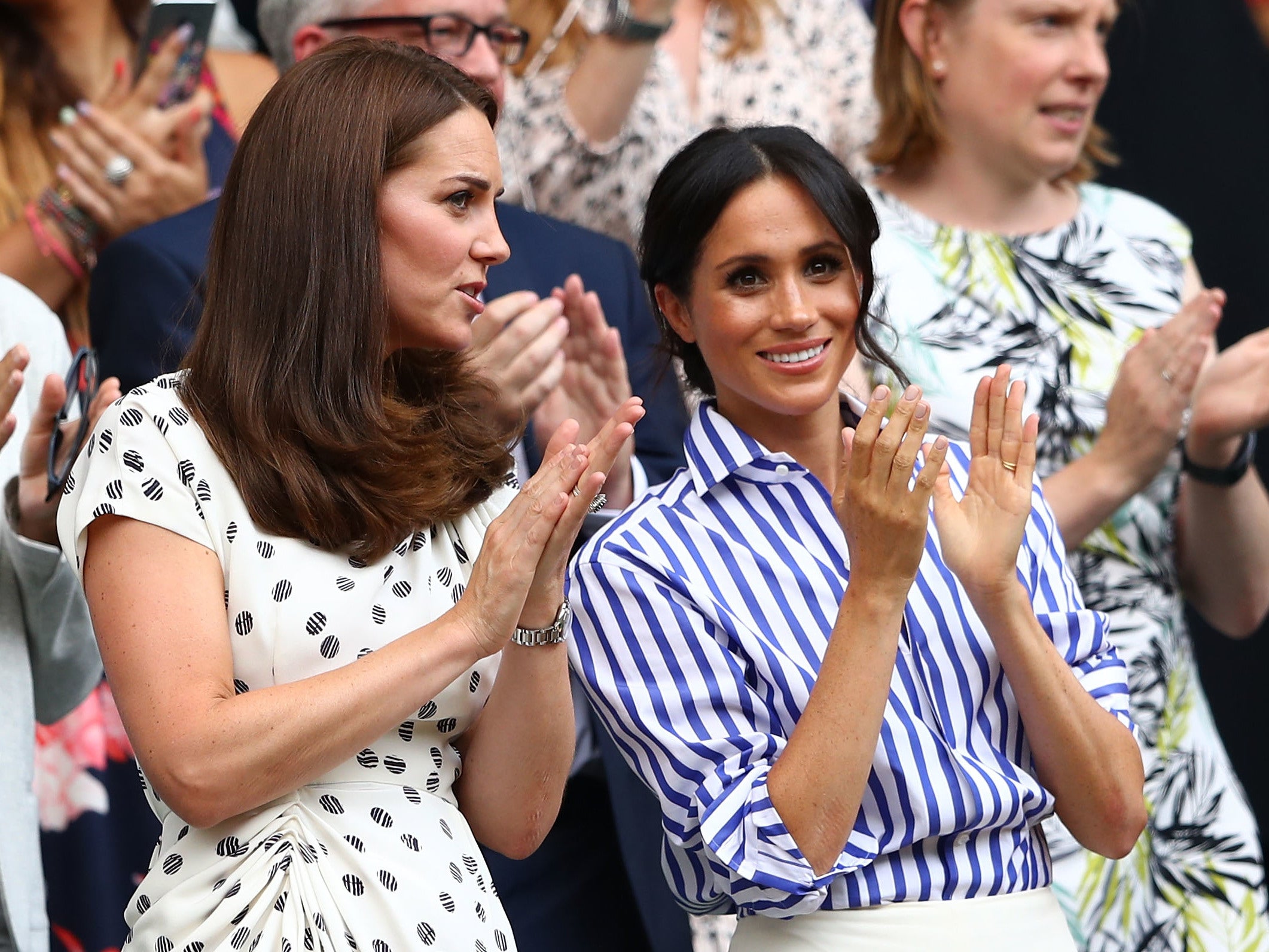 The Duchesses of Cambridge and Sussex attend the women's singles final at Wimbledon 2018