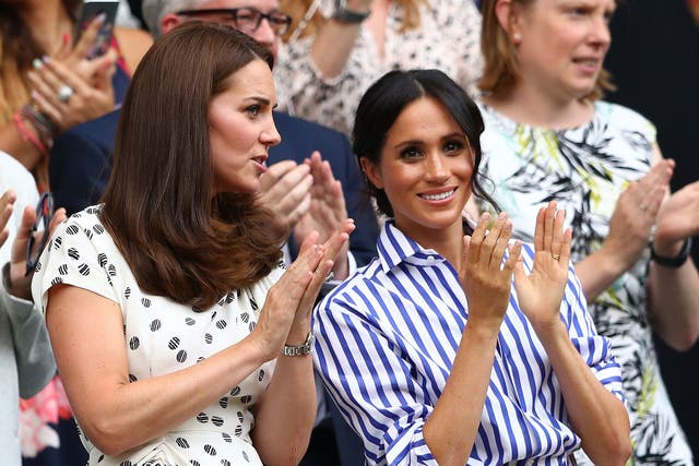 The Duchesses of Cambridge and Sussex attend the women's singles final at Wimbledon 2018