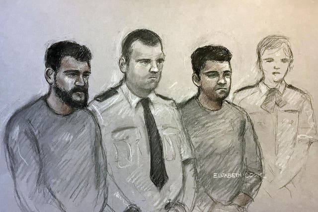 A court artist sketch shows Farhad Salah (left) and Andy Starr (second right) at an appearance in court in 2017
