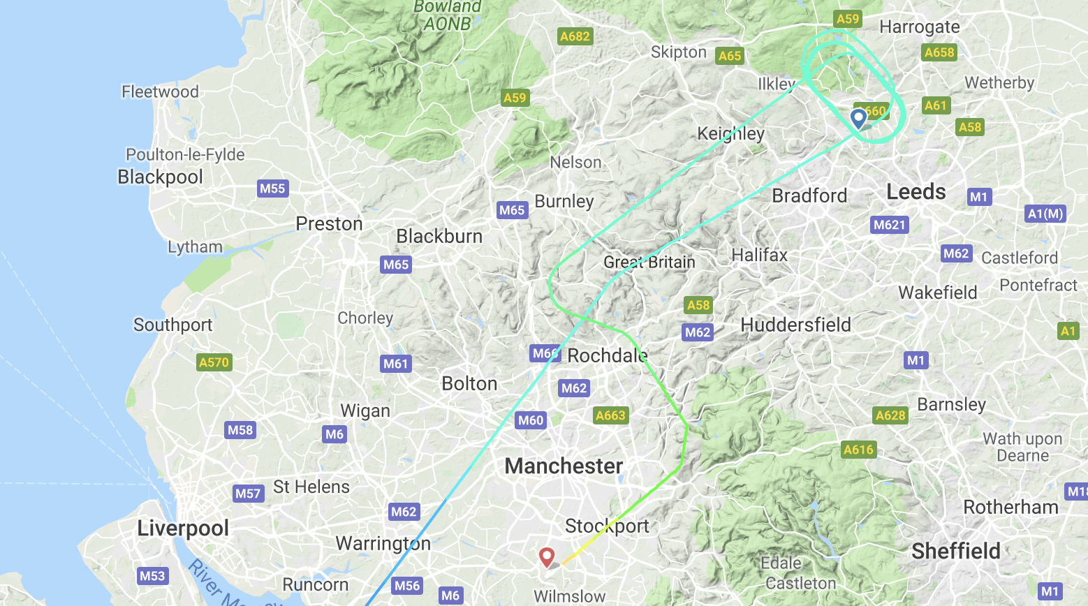 Diversionary tactics: the flightpath of the Jet2 arrival from Alicante, which eventually landed at Manchester