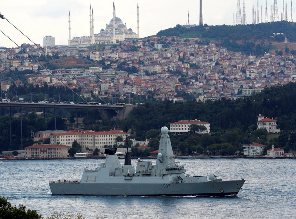 British Royal Navy destroyer HMS Duncan sails in the Bosphorus, on its way to the Mediterranean Sea, in Istanbul, on Friday