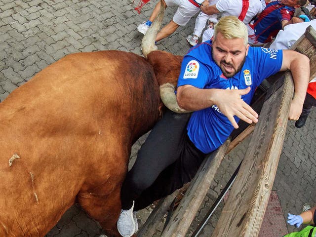 A man is caught by a bull's horn and trapped against a wall at the last run of this year's festival