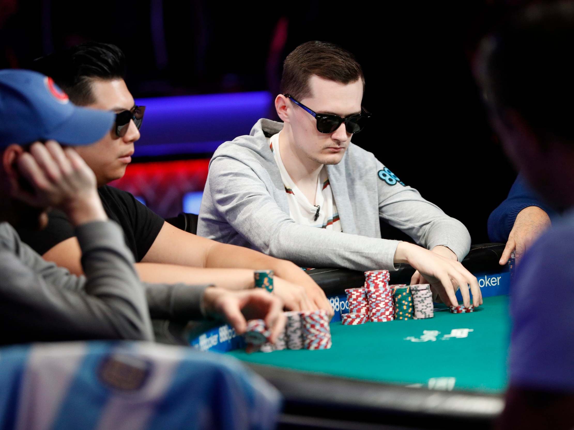 Nick Marchington (far right) competes during the World Series of Poker main event in Las Vegas, 12 July 2019.