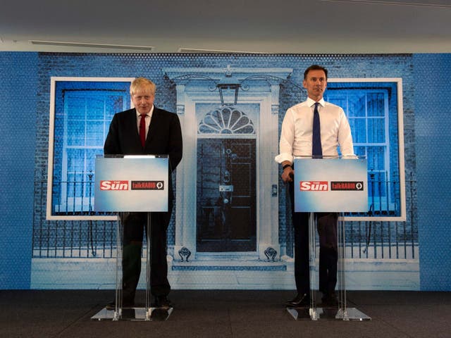 Conservative party leadership candidates Boris Johnson and Jeremy Hunt during a debate hosted by The Sun at Talk Radio in The News Building, London 15 July 2019.