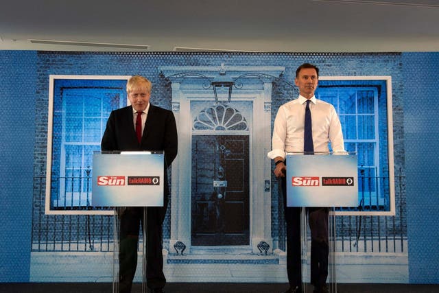 Conservative party leadership candidates Boris Johnson and Jeremy Hunt during a debate hosted by The Sun at Talk Radio in The News Building, London 15 July 2019.