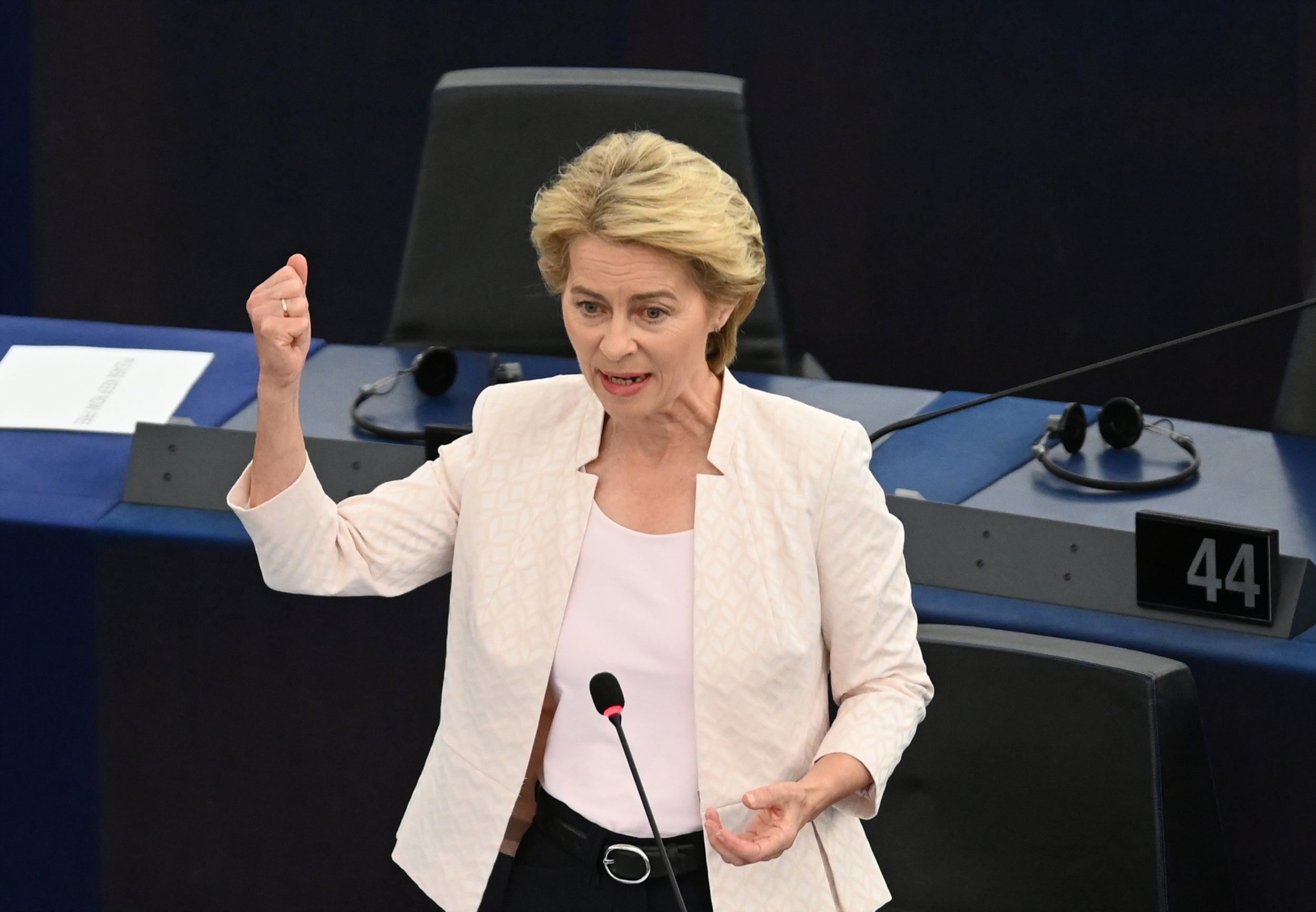 Ursula von der Leyen delivers her statement at the European Parliament in Strasbourg