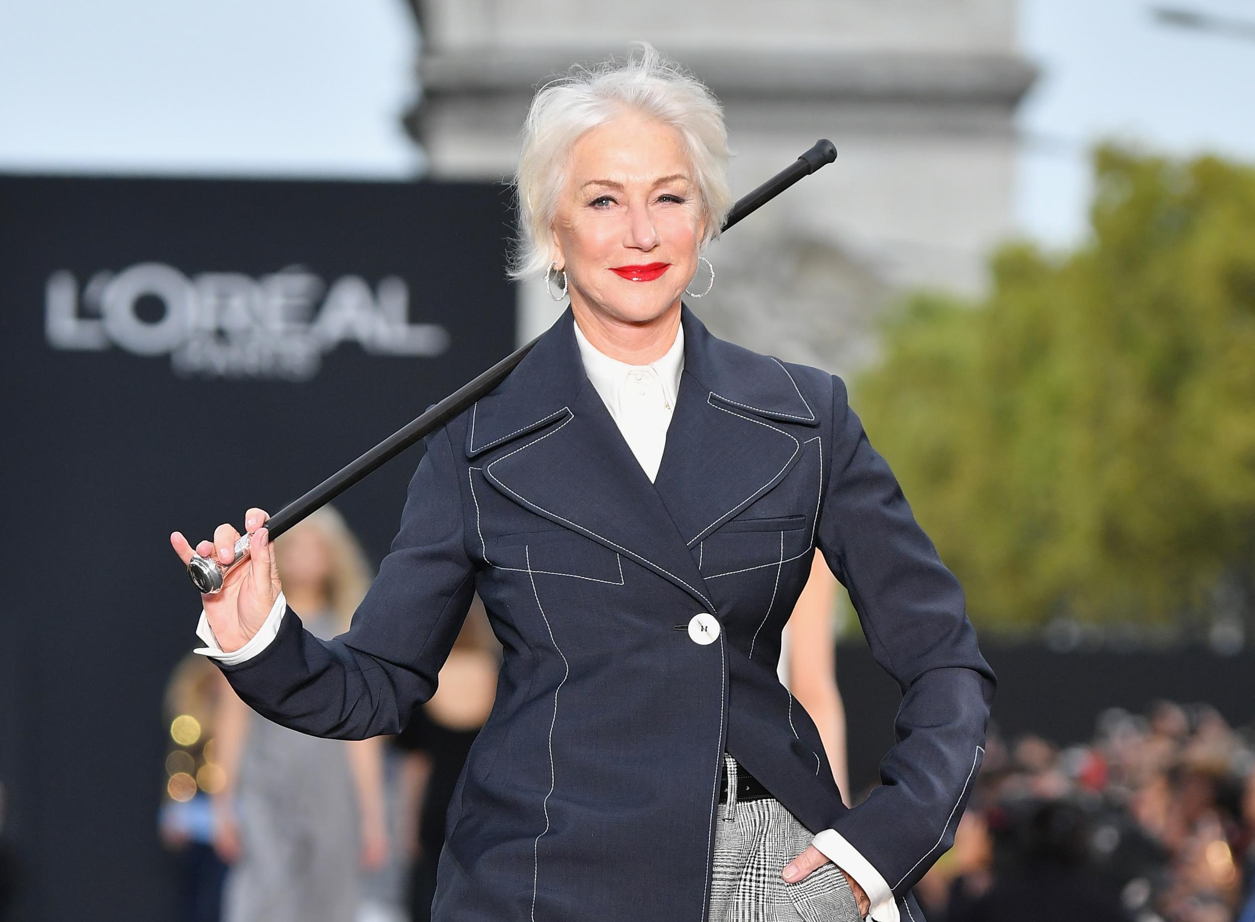 Helen Mirren walks the runway during the Le Defile L'Oreal Paris show as part of the Paris Fashion Week Womenswear Spring/Summer 2018 on October 1, 2017 in Paris, France.