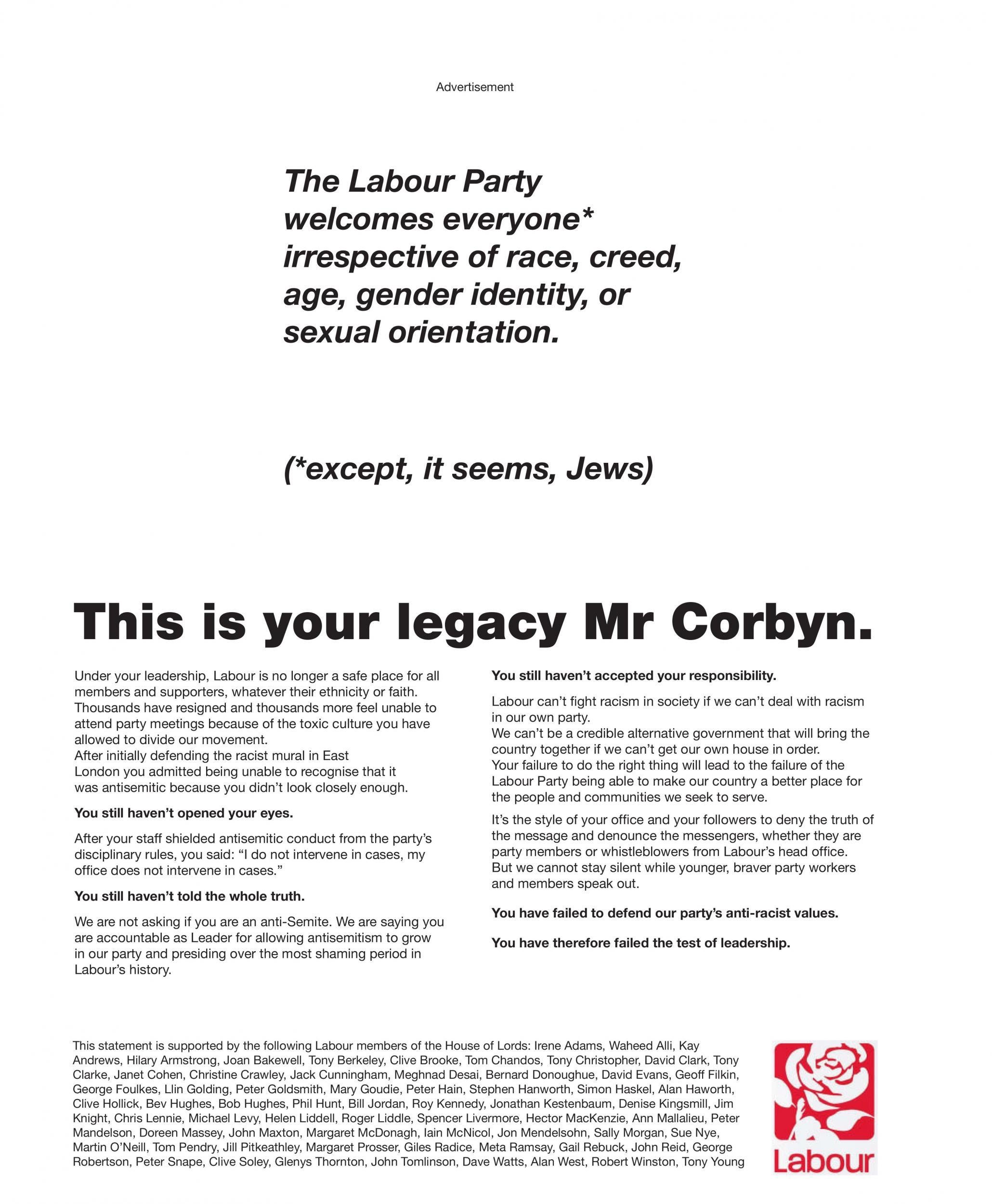 Peers’ advert in The Guardian newspaper published on Wednesday