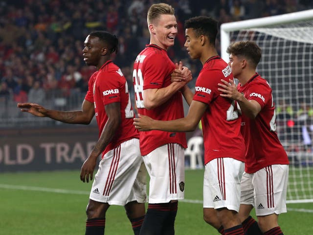 Mason Greenwood of Manchester United celebrates scoring against Leeds