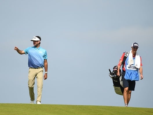 Bubba Watson with his caddie, Ted Scott, during a practice round at Portrush
